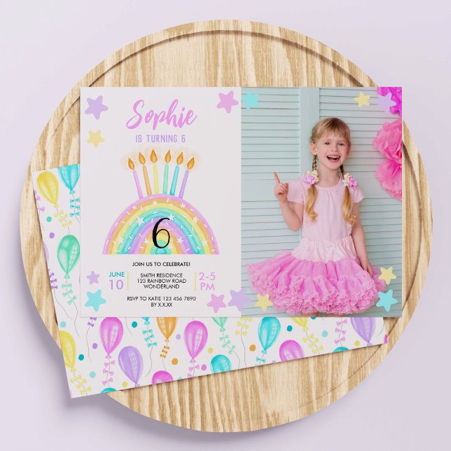 Pastel Rainbow Anniversaire Fête Photo Invitation (Girls' Rainbow Cake Birthday Invitation)