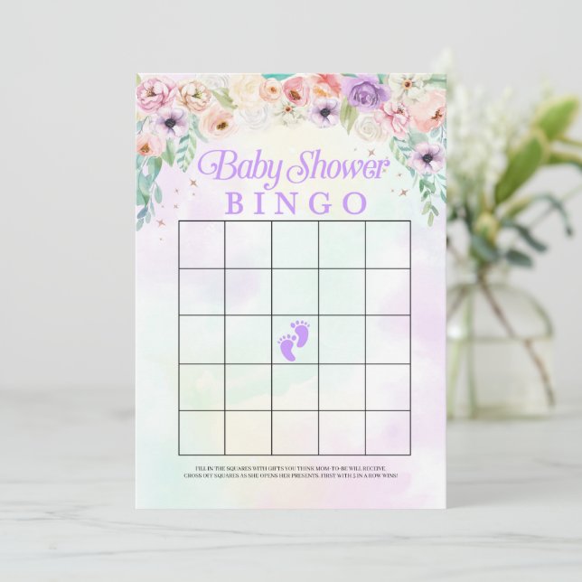 Pastel Rainbow Baby Dusche Bingo Game Card Einladung (Stehend Vorderseite)