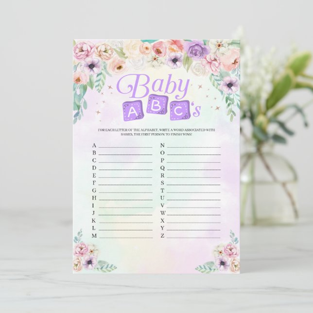 Pastel Rainbow Baby Shower Baby ABCs Game Card Einladung (Stehend Vorderseite)