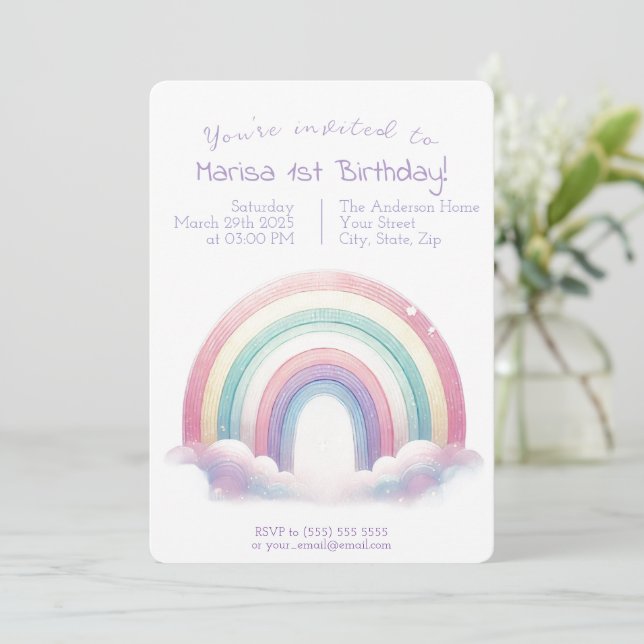 Pastel Rainbow Birthday Einladung - Party Einladun (Stehend Vorderseite)