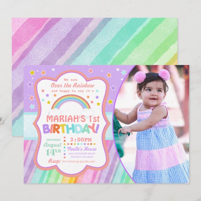 Pastel Rainbow Birthday Foto Einladung (Vorne/Hinten)