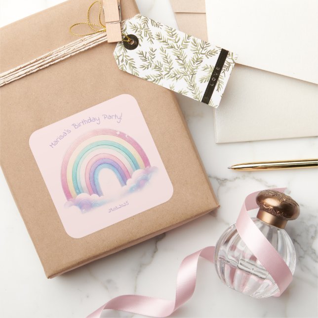 Pastel Rainbow Birthday Party Square Stickers (Schenken)