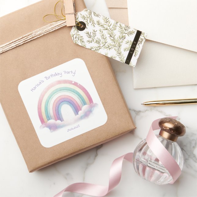 Pastel Rainbow Birthday Party Square Stickers (Schenken)