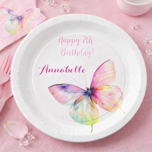 Pastel Rainbow Butterfly 7th Birthday Party Pappteller (Von Creator hochgeladen)