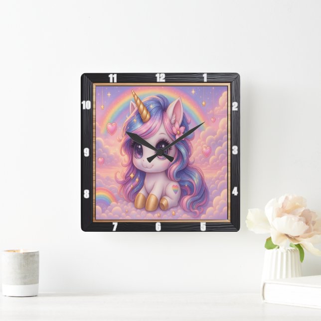 Pastel Rainbow Cartoon Unicorn Quadratische Wanduhr (Zuhause)