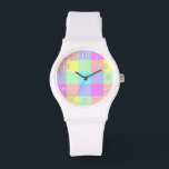 Pastel Rainbow Checkered Armbanduhr<br><div class="desc">Dieses helle, farbenfrohe Design hat ein leicht strukturiertes, sich wiederholendes, karges Muster in einem lebhaften Regenbogen in Pastellfarben. Es ist ein stilvolles, lebendiges, hübsches kariertes Schachbrettmuster, das wie Frühling aussieht. Genießen Sie es wie besehen oder nutzen Sie es als Hintergrund für Ihren Text oder Ihr Foto. Die Uhrennummern sind weiß...</div>