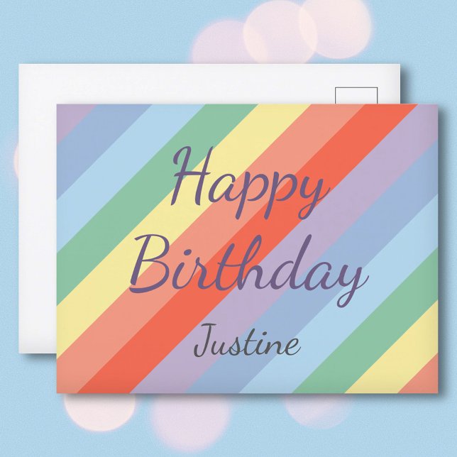 Pastel Rainbow Diagonal Streifen Geburtstag Postkarte (Pastel Rainbow Diagonal Stripes Birthday Postcard)