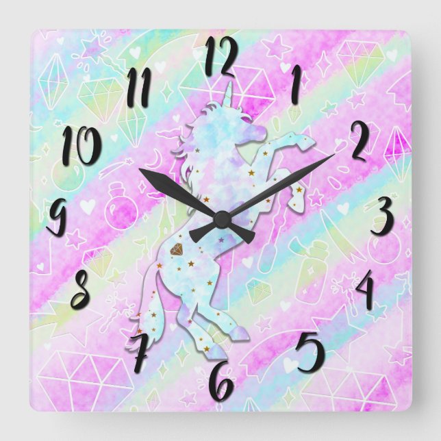 Pastel Rainbow Diamonds & Stars Magical Unicorn Quadratische Wanduhr (Vorderseite)