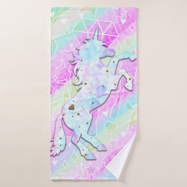 Pastel Rainbow Diamonds & Stars Magisches Einhorn Badhandtuch Set (Badehandtuch)