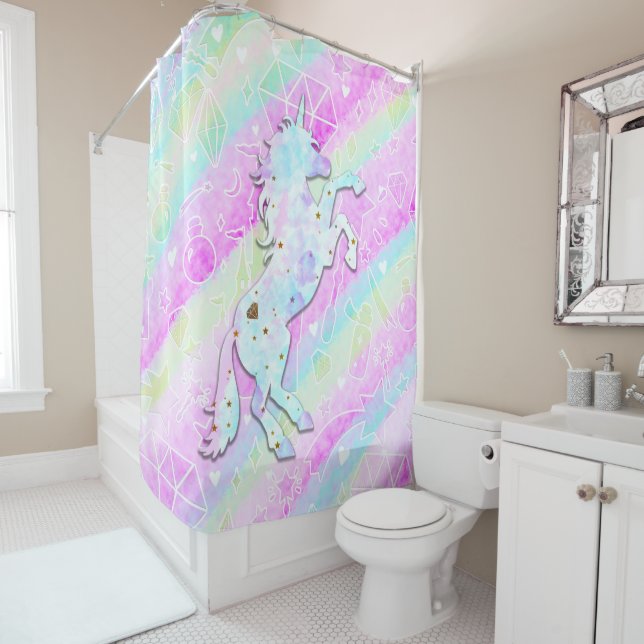 Pastel Rainbow Diamonds & Stars Magisches Einhorn Duschvorhang (Beispiel)
