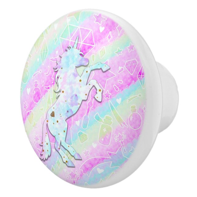 Pastel Rainbow Diamonds & Stars Magisches Einhorn Keramikknauf (Rechts)