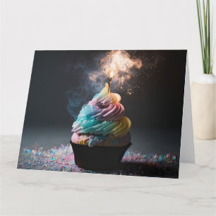 Pastel Rainbow Fire Birthday Cupcake Karte