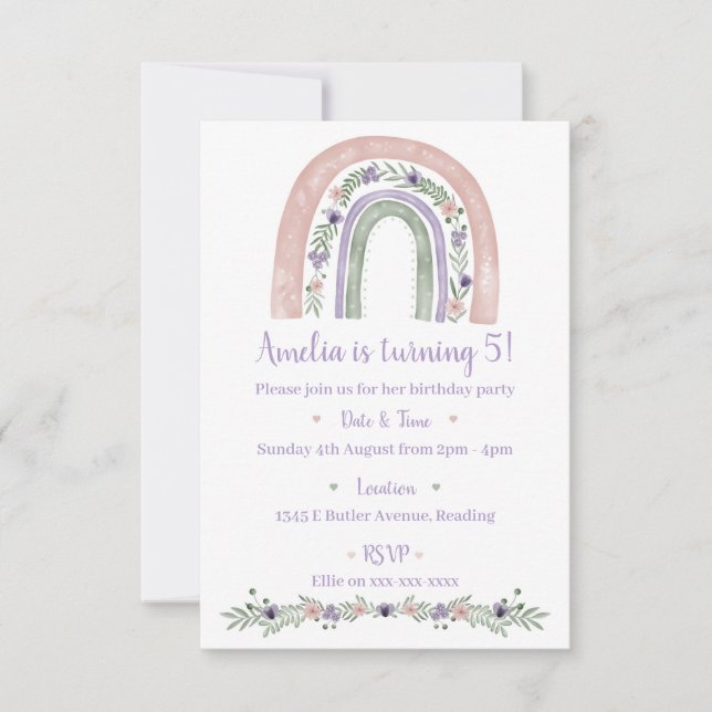 Pastel Rainbow Floral Geburtstagsparty Einladung (Vorderseite)