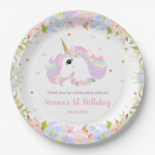 Pastel Rainbow Floral Niedlich Unicorn Geburtstags Pappteller