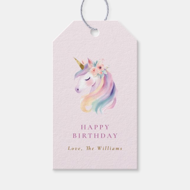 Pastel Rainbow Floral Unicorn Birthday Present Geschenkanhänger (Vorderseite)
