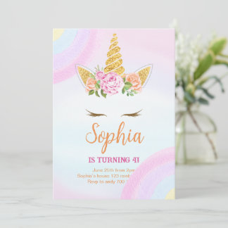 Pastel Rainbow Floral Unicorn Geburtstag Einladung