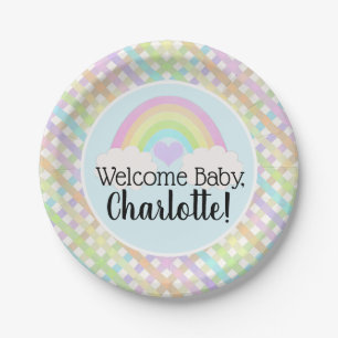 Pastel Rainbow Gingham Welcome Baby Shower Pappteller