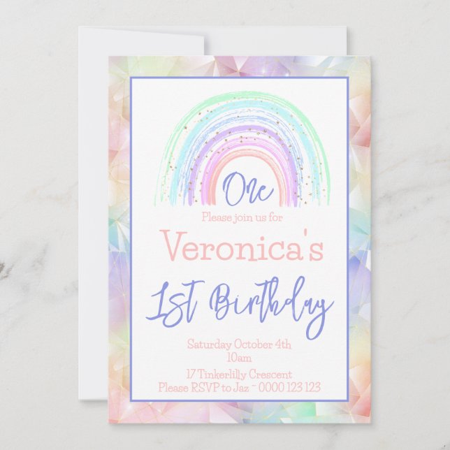Pastel Rainbow Girl 1. Geburtstag Geometrische Gre Einladung (Vorderseite)