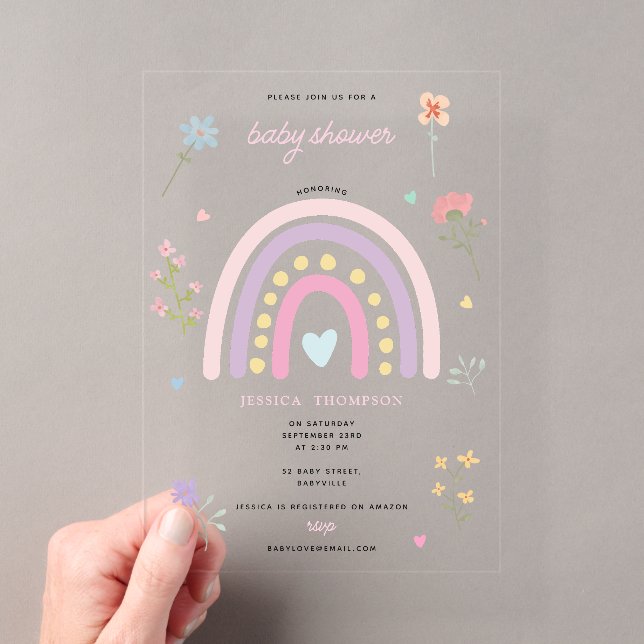 Pastel Rainbow Girl Wildblumen Herz Babydusche Acryleinladungen (Insitu (Handheld))