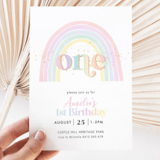 Pastel Rainbow Girls 1. Geburtstag Party Einladung