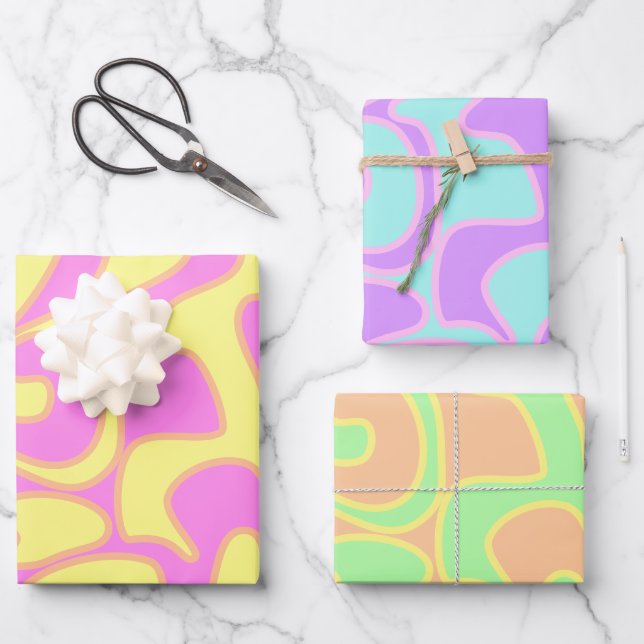 Pastel Rainbow Groovy Retro Fluid Art einzigartig Geschenkpapier Set (Vorderseite)