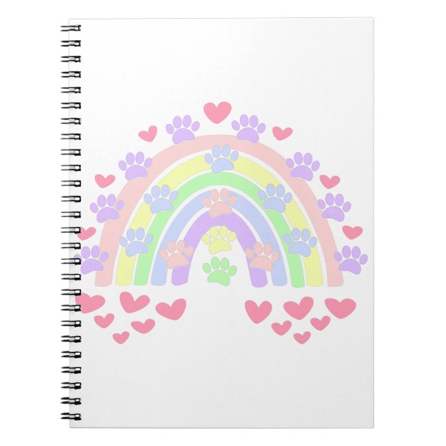 Pastel Rainbow Hearts und Dog Paw Prints Notizblock (Vorderseite)