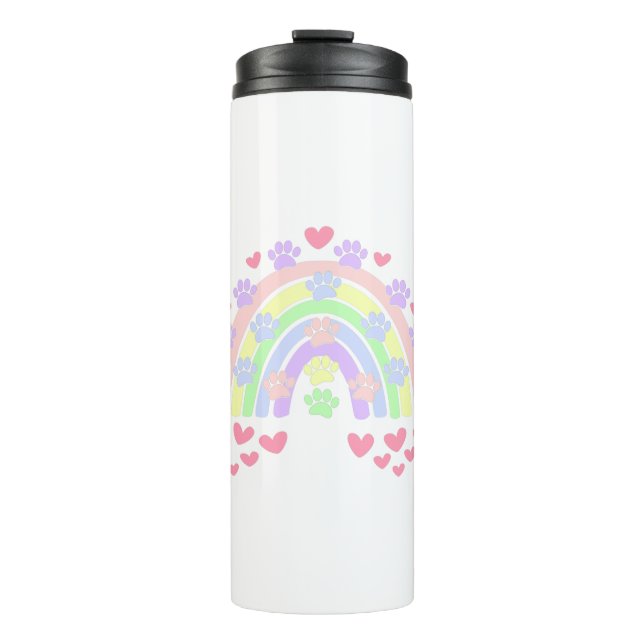 Pastel Rainbow Hearts und Dog Paw Prints Thermosbecher (Vorderseite)