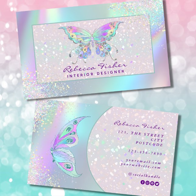 Pastel Rainbow Holographic Butterfly Carte de visi (butterfly business card)