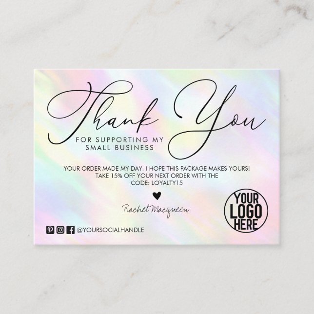 Pastel Rainbow Holographic Customer Danke Visitenkarte (Vorderseite)