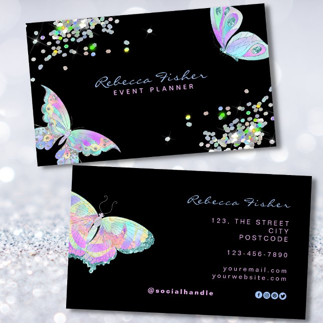 Pastel Rainbow Holographic Iridescent Butterfly Visitenkarte (rainbow butterfly business cards)