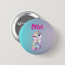 Pastel Rainbow Kawaii Otter Kids Birthday Button