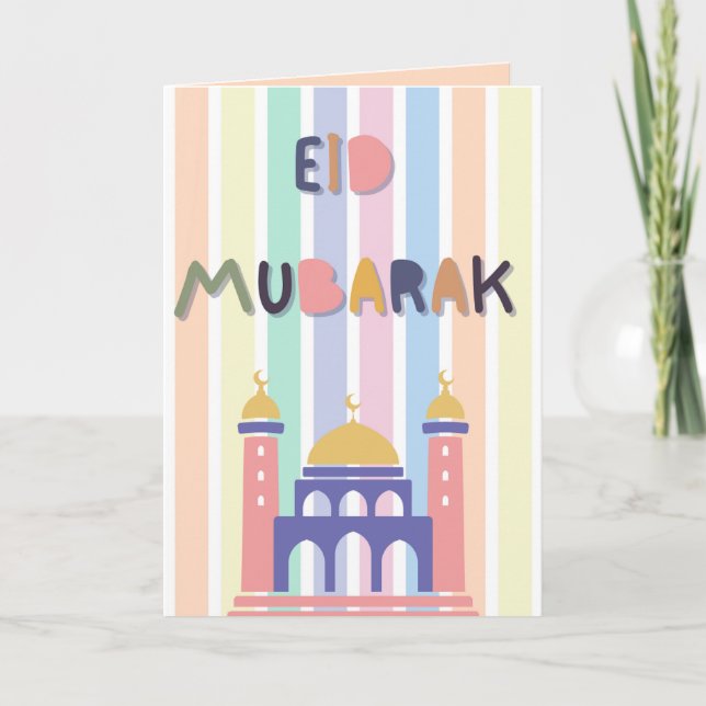 Pastel Rainbow Kids Eid Mubarak Eid Folgekarte Ankündigung (Vorderseite)