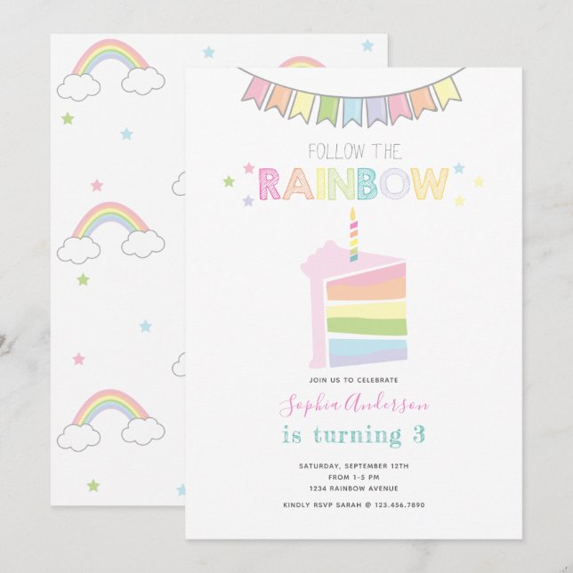 Pastel Rainbow Kindergeburtstag Party Einladung (Vorne/Hinten)