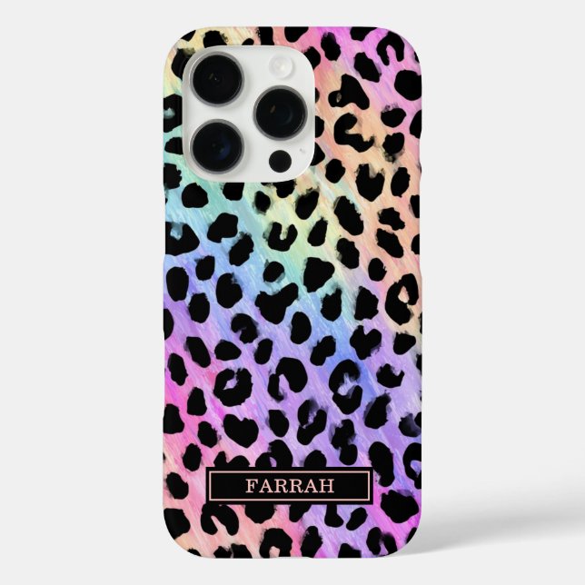 Pastel Rainbow Leopard Print Monogrammed iPhone 16 Pro Hülle (Rückseite)