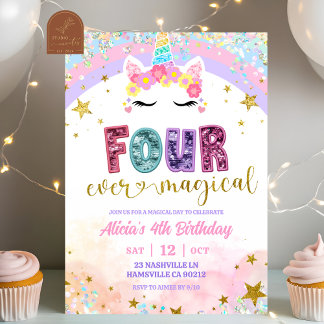 Pastel Rainbow Magical Unicorn 4th Birthday Einladung