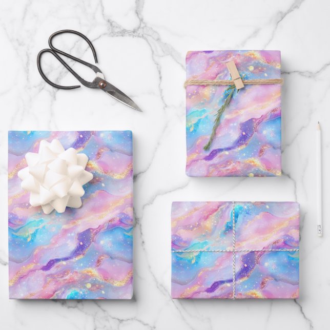 Pastel-Rainbow-Marmor mit Gold Glitzer Geschenkpapier Set (Vorderseite)