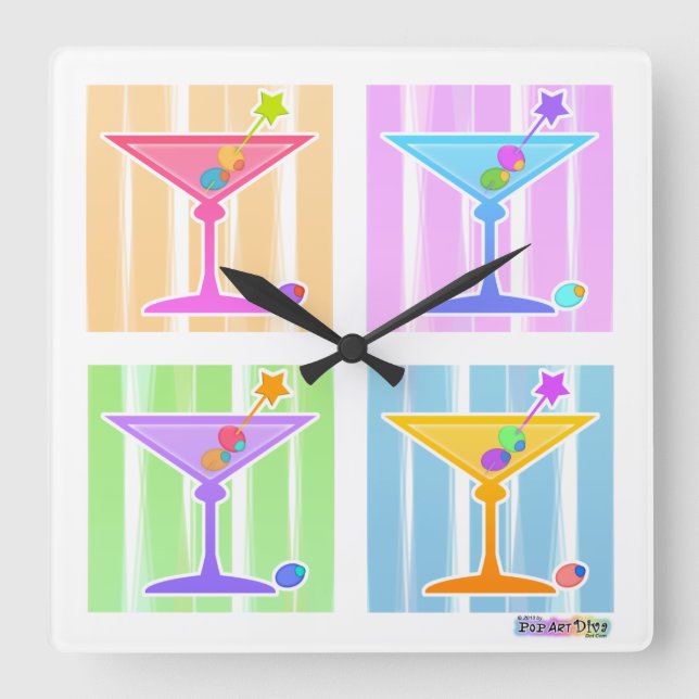 PASTEL RAINBOW MARTINIS WALL CLOCK QUADRATISCHE WANDUHR (Vorderseite)