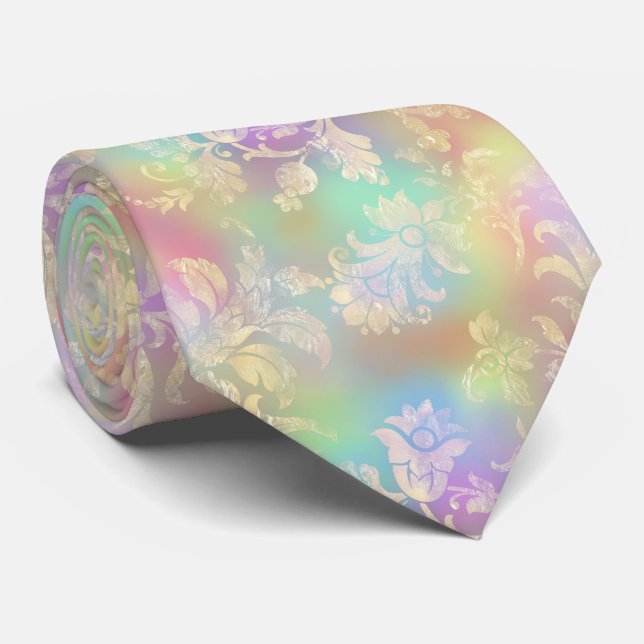 Pastel Rainbow mit Gold Geblüht Neck Tie Krawatte (Gerollt)