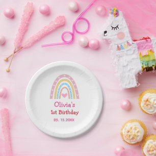 Pastel Rainbow mit Herzen erste Geburtstagsparty Pappteller