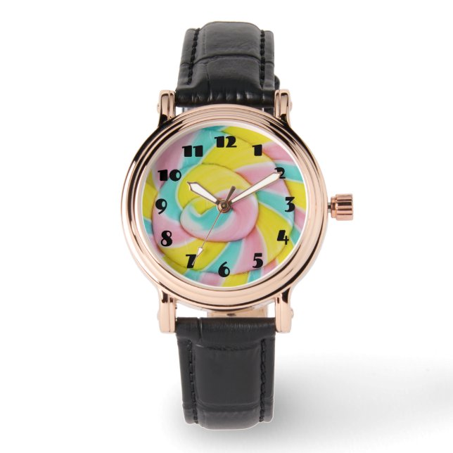 Pastel Rainbow Spiral Candy Foto Armbanduhr (Vorderseite)