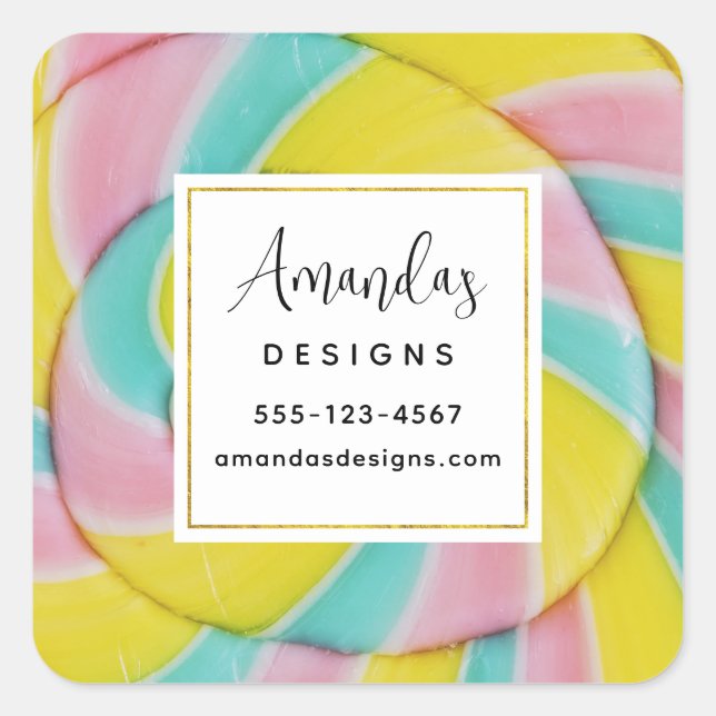 Pastel Rainbow Spiral Candy Foto Business Quadratischer Aufkleber (Vorderseite)