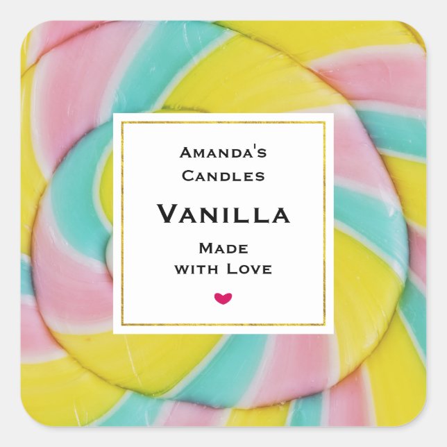 Pastel Rainbow Spiral Candy Foto Candle Business Quadratischer Aufkleber (Vorderseite)
