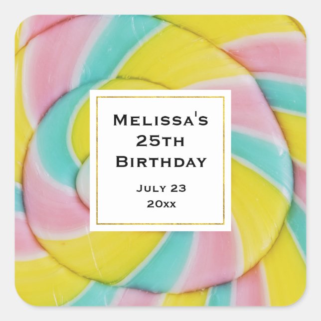 Pastel Rainbow Spiral Candy Foto Party Quadratischer Aufkleber (Vorderseite)
