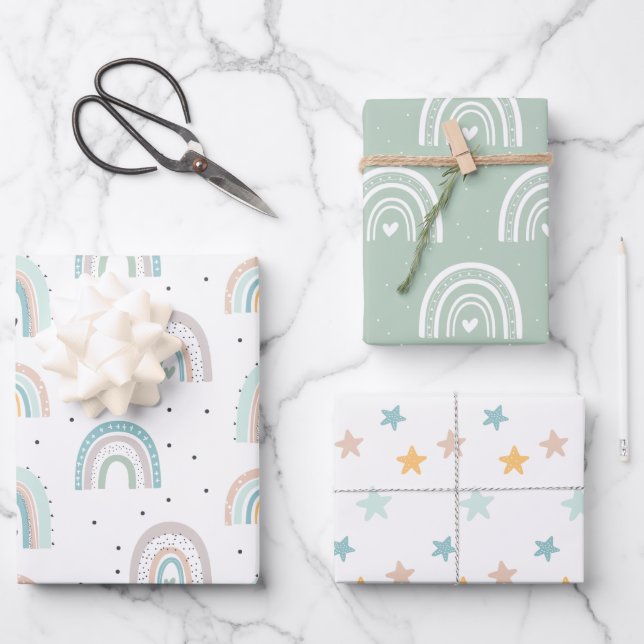 Pastel Rainbow Stars Baby Gren Geschenkpapier Set (Vorderseite)