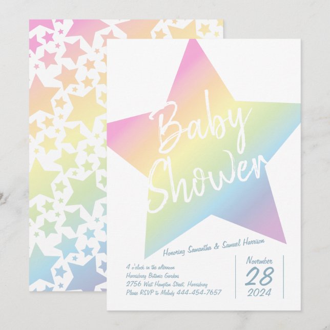 Pastel Rainbow Stars Kinderdusche einfach modern Einladung (Vorne/Hinten)