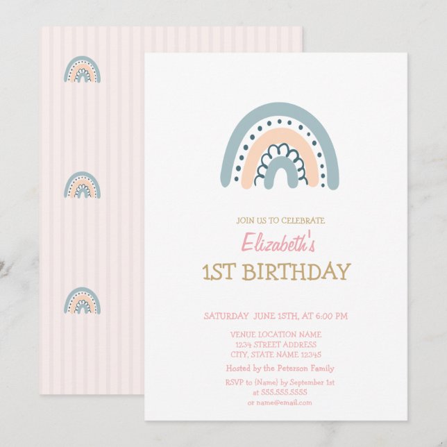 Pastel Rainbow Striped Birthday Einladung (Vorne/Hinten)
