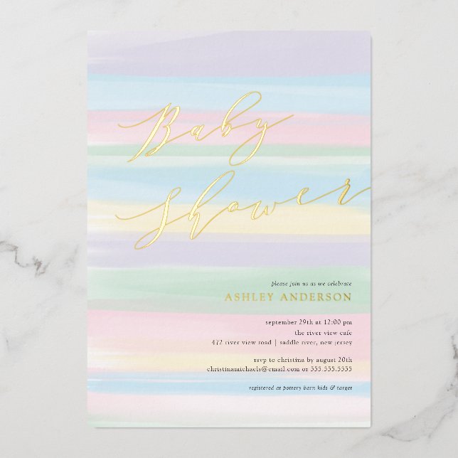 Pastel Rainbow Stripes Baby shower Foil Invitation (Recto)
