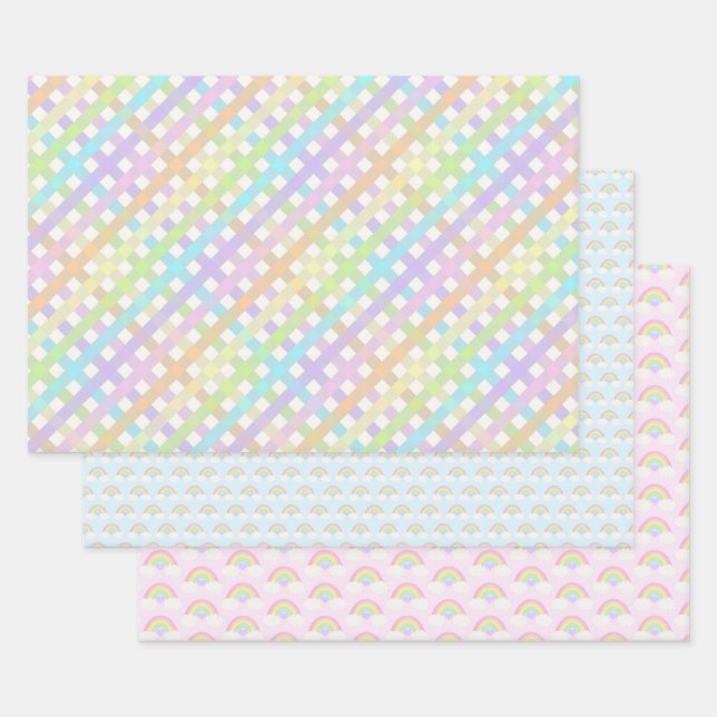 Pastel Rainbow und Gingham Kariert Geschenkpapier Set (Set)