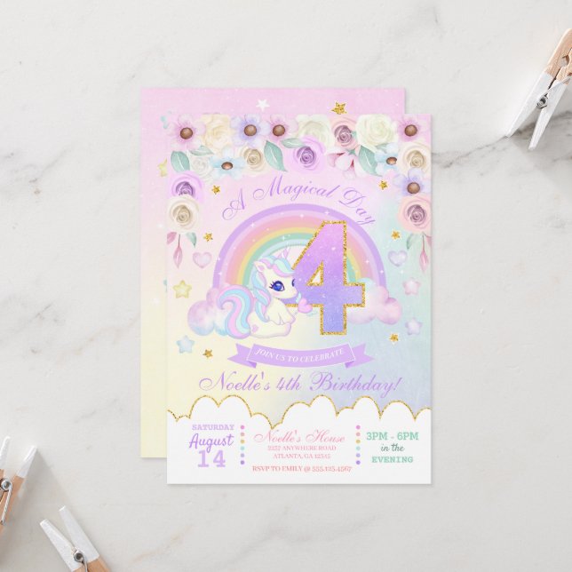 Pastel Rainbow Unicorn 4e invitation anniversaire (Devant/Arrière en situation)