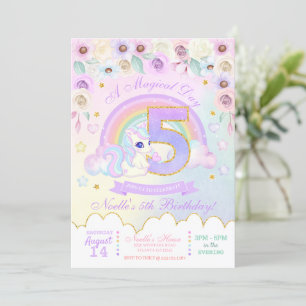 Pastel Rainbow Unicorn Cinquième Invitation Annive